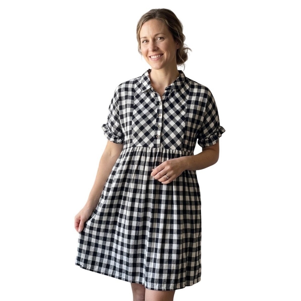 Downeast Black White Gingham Plaid Babydoll Dress Ruffle Sleeve Pockets Size L
